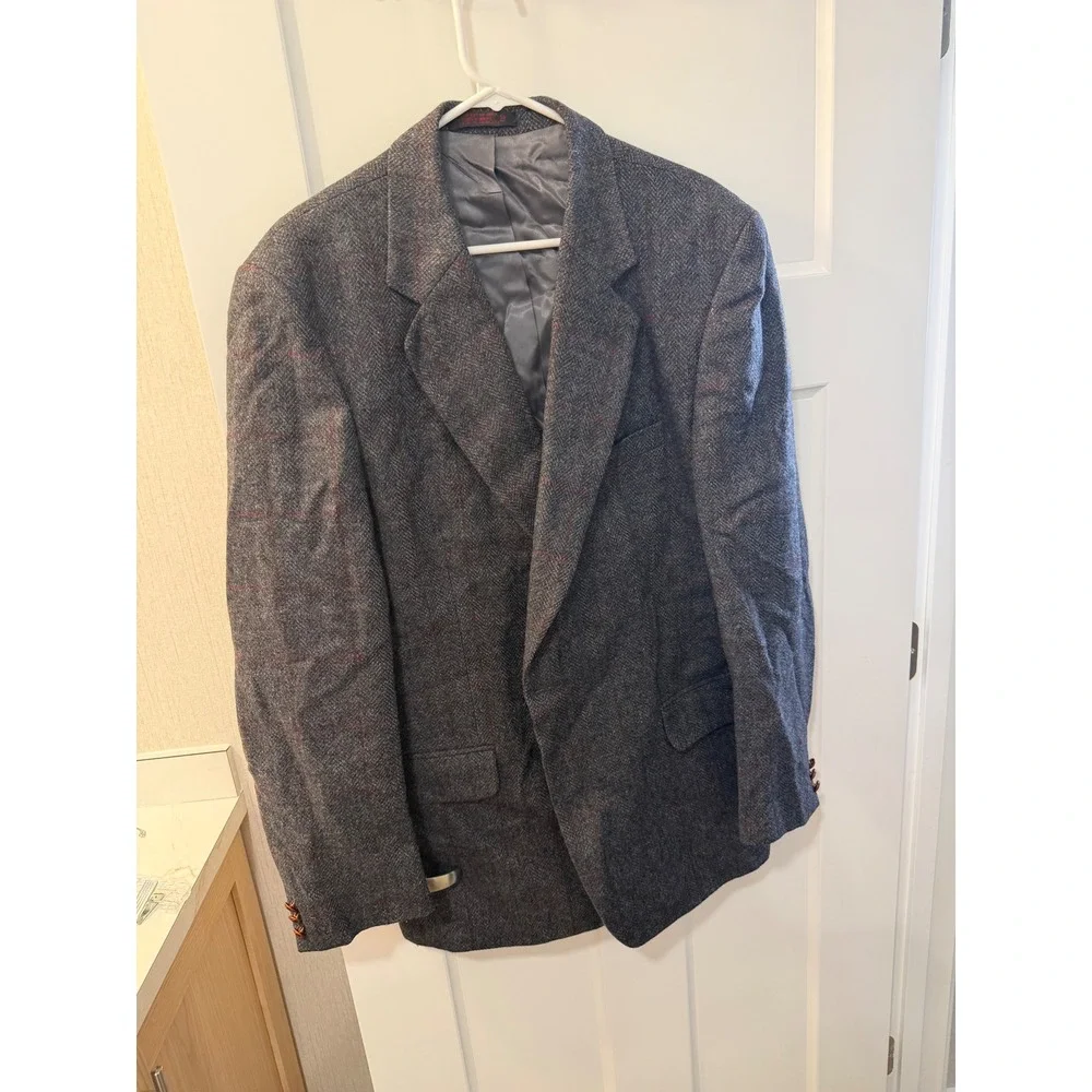 Christopher Brooks Mens 44L Grey Herringbone‎ Wool Windowpane Sport Coat Blazer